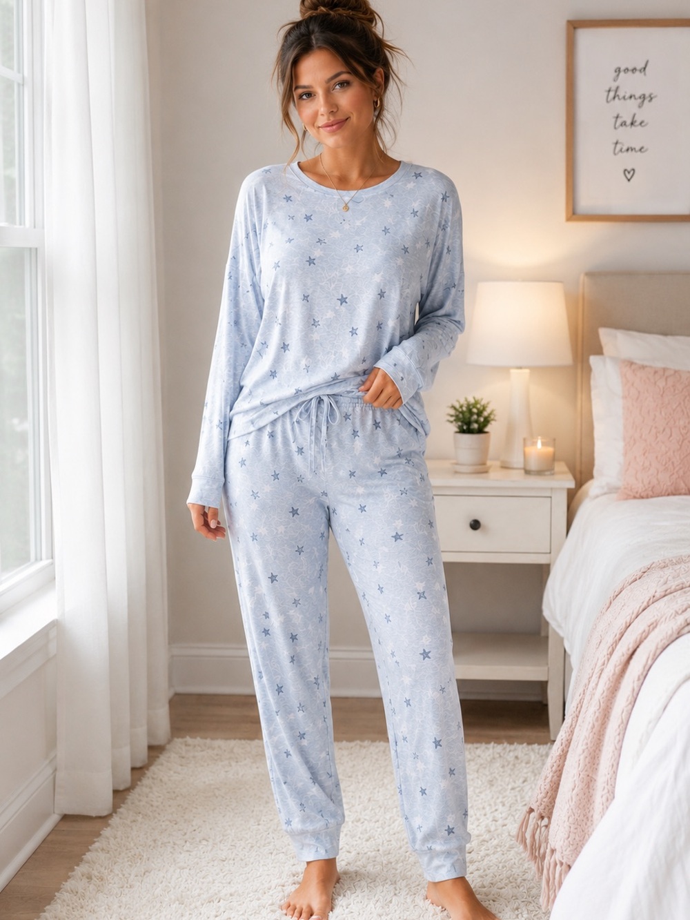 Jaclyn Intimates Blue Star Pajama Set Medium Soft Cozy Lounge Sleepwear